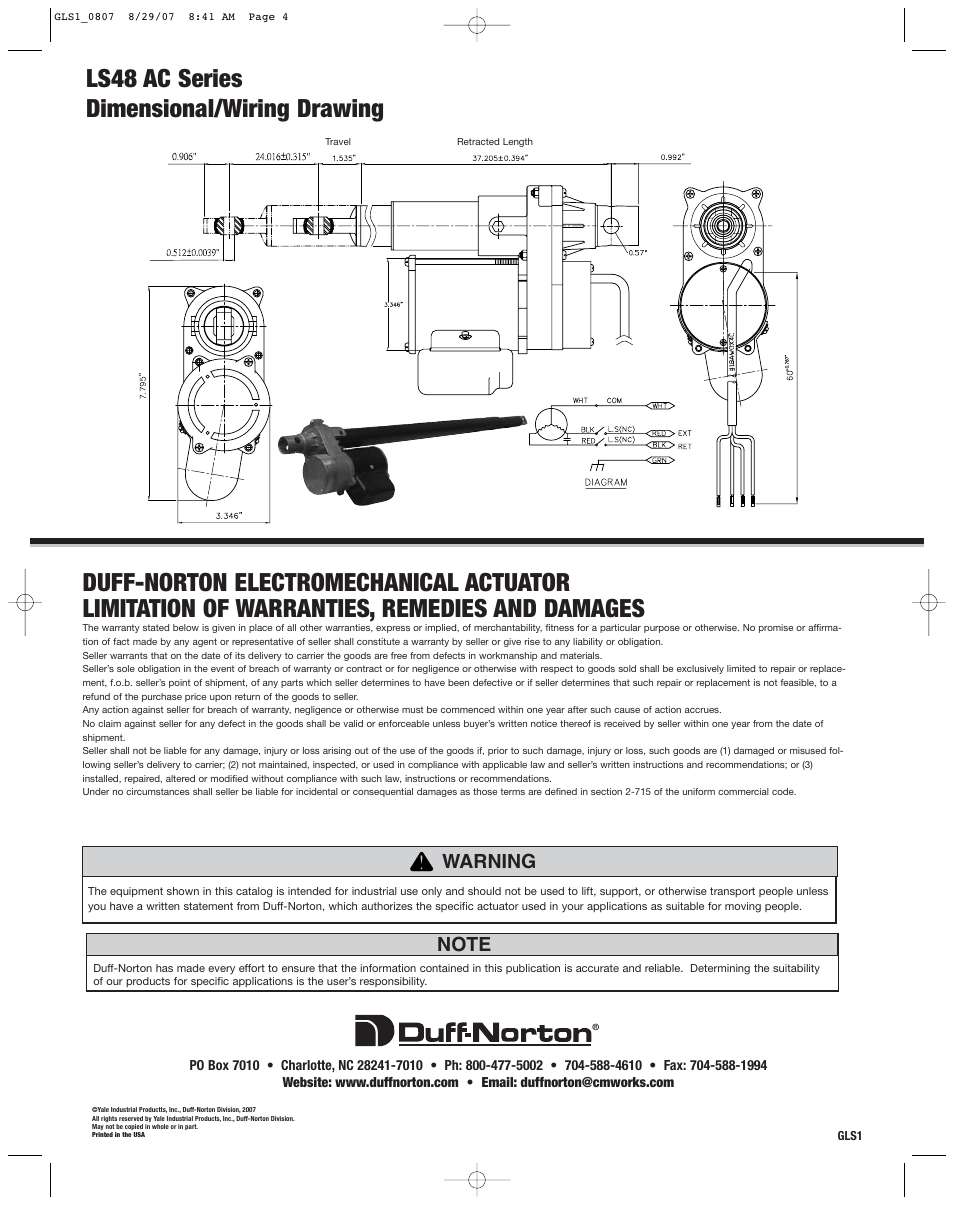 Ls48 ac series dimensional/wiring drawing, Warning | Duff-Norton LS Series User Manual | Page 4 / 4