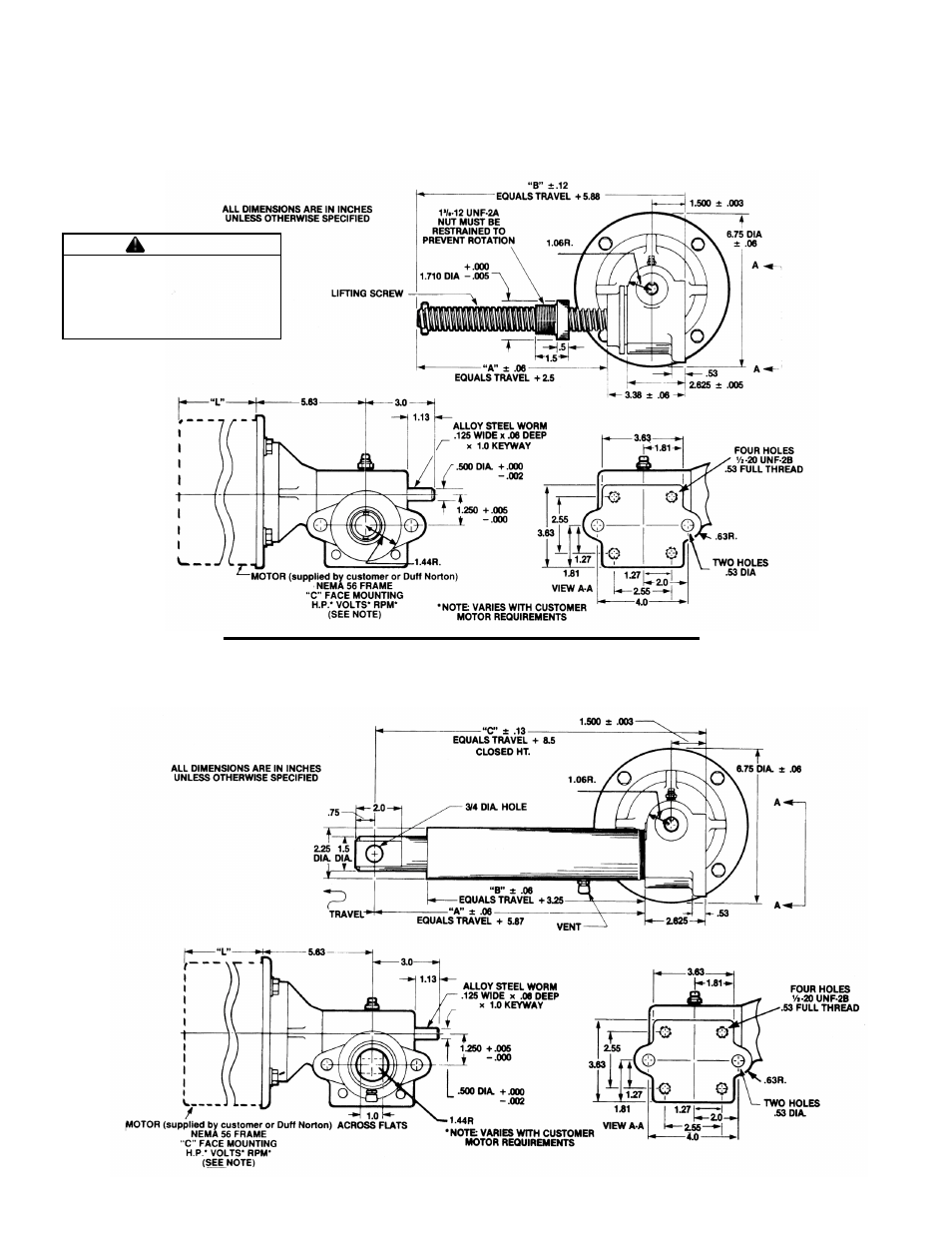 Section iii, Dimensions and specifications, 1. dimensions - rotating screw actuators | 2. dimensions - translating tube actuators | Duff-Norton SK2463-22 (Modular Actuator Acme Screw) User Manual | Page 4 / 14