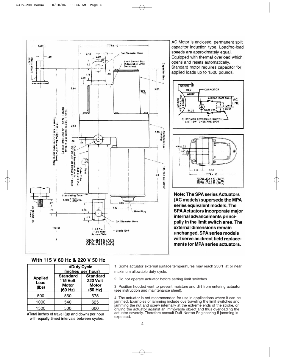 Figure 1-6. dimensions and specifications | Duff-Norton SK6415-200 (SPA Series AC) User Manual | Page 4 / 16