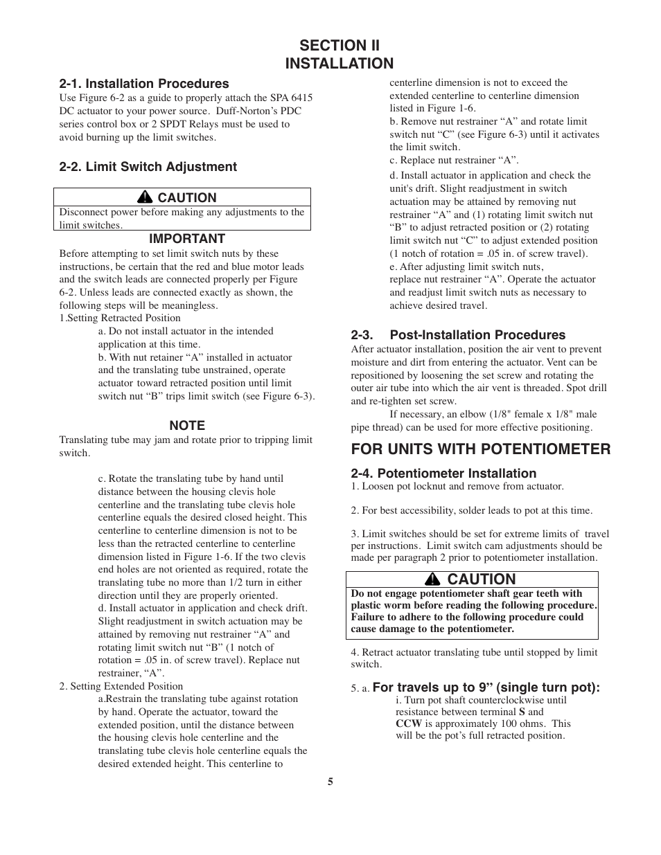 For units with potentiometer, Caution | Duff-Norton SK6415-300 (SPA Series DC) User Manual | Page 5 / 16