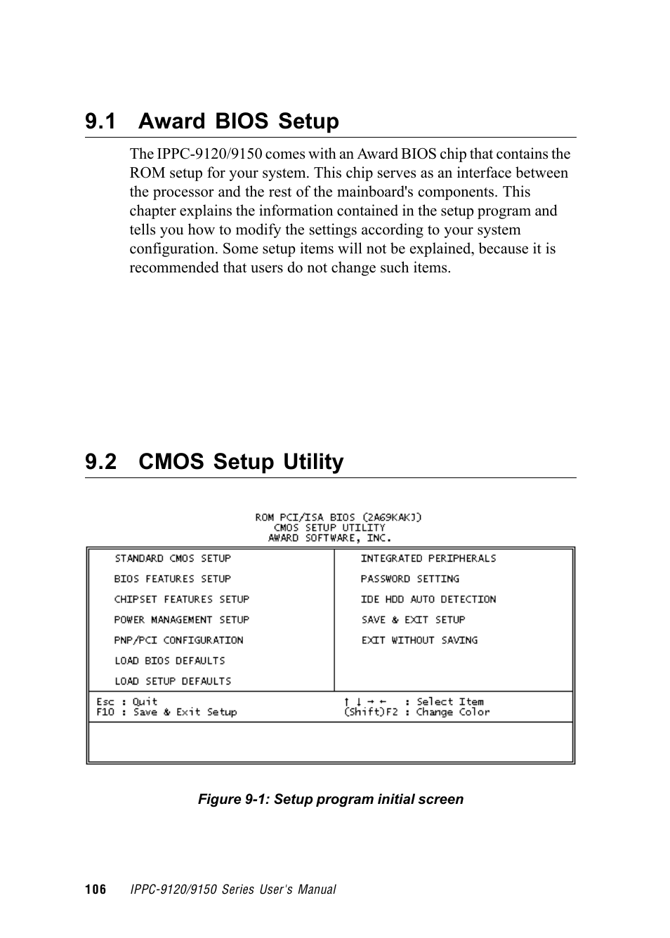 1 award bios setup, 2 cmos setup utility | Advantech RUGGED PENTIUM IPPC-9120 User Manual | Page 121 / 163
