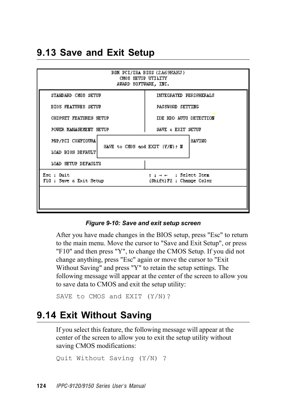 13 save and exit setup, 14 exit without saving | Advantech RUGGED PENTIUM IPPC-9120 User Manual | Page 139 / 163