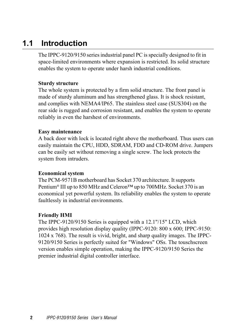 1 introduction | Advantech RUGGED PENTIUM IPPC-9120 User Manual | Page 17 / 163