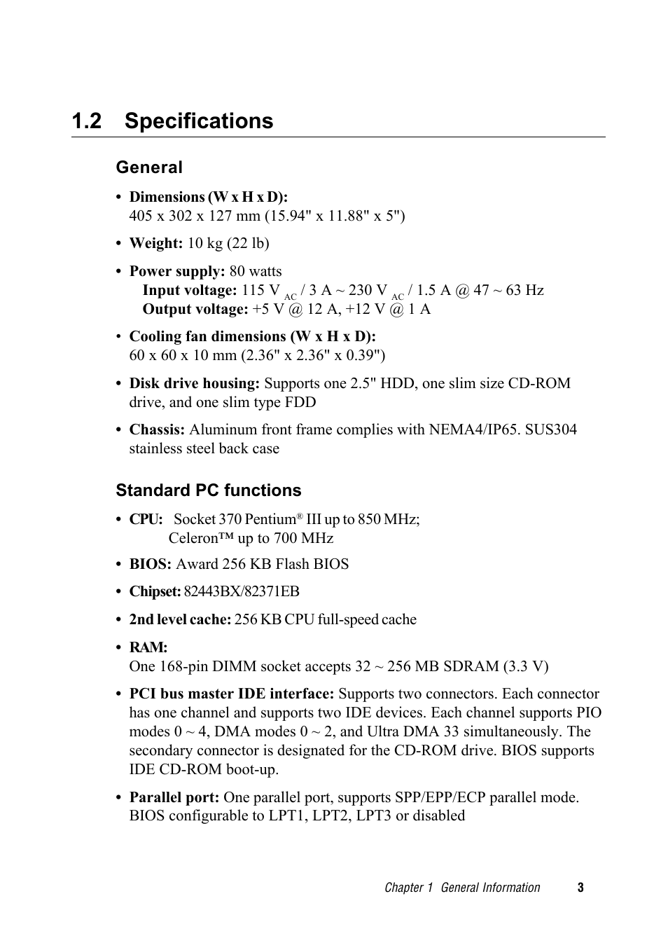 2 specifications | Advantech RUGGED PENTIUM IPPC-9120 User Manual | Page 18 / 163
