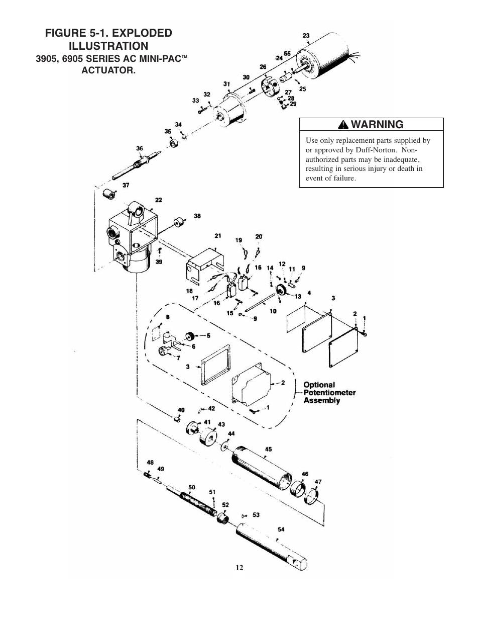 Figure 5-1. exploded illustration, Warning | Duff-Norton SK6905-100-1 User Manual | Page 12 / 16