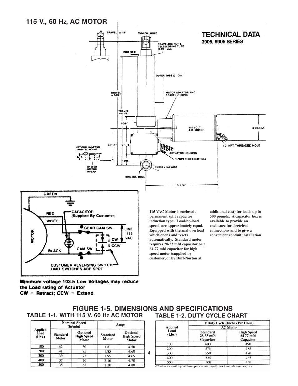 Ac motor, Figure 1-5. dimensions and specifications | Duff-Norton SK6905-100-1 User Manual | Page 4 / 16