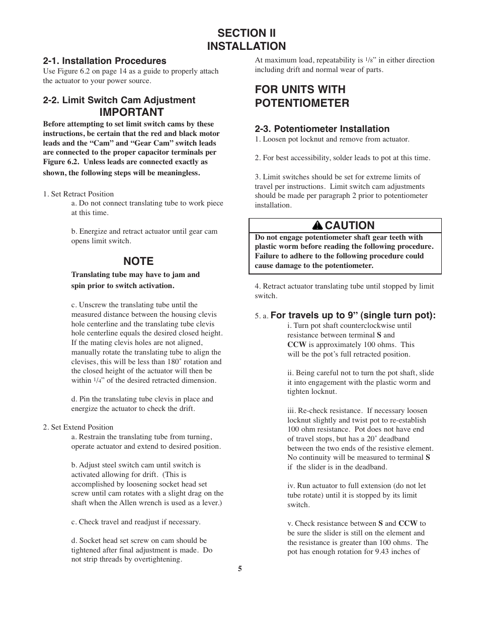 Important, For units with potentiometer, Caution | Duff-Norton SK6905-100-1 User Manual | Page 5 / 16