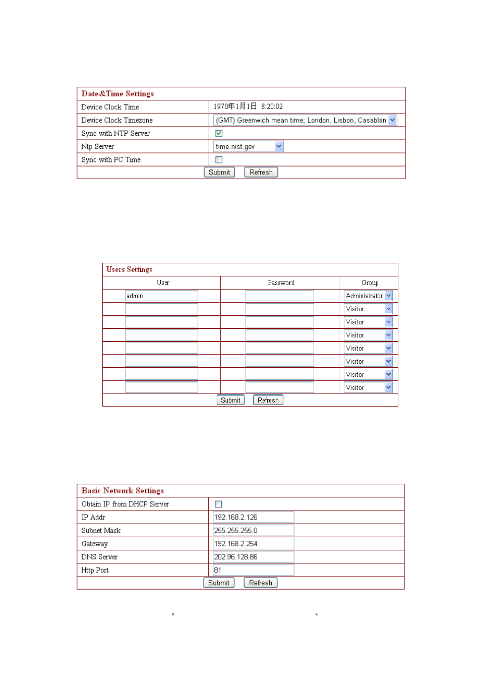 Device clock settings, Device user settings, Basic network settings | EasyN F Series User manual User Manual | Page 15 / 26