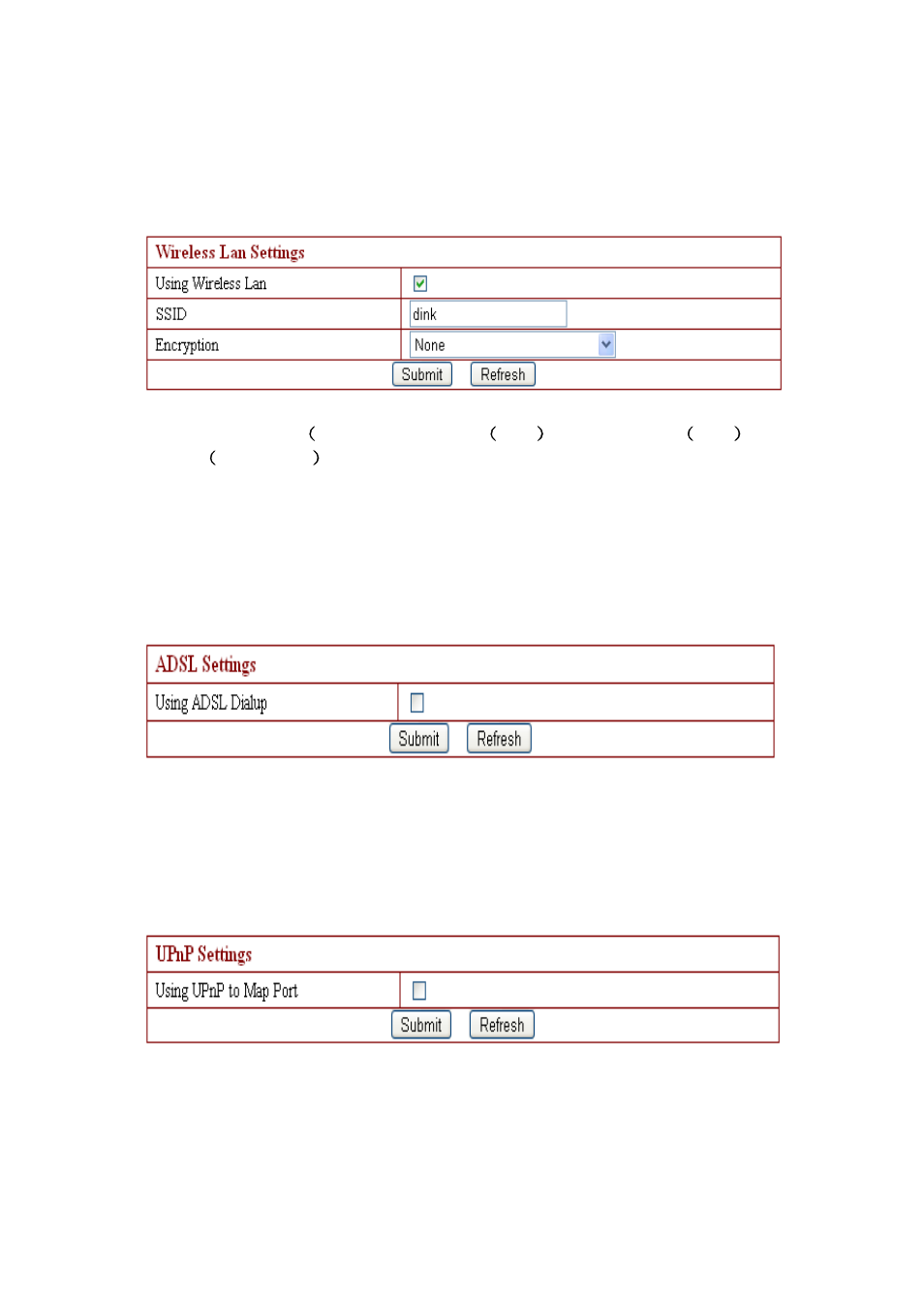 Wireless lan settings, Adsl settings, Upnp settings | EasyN F Series User manual User Manual | Page 16 / 26