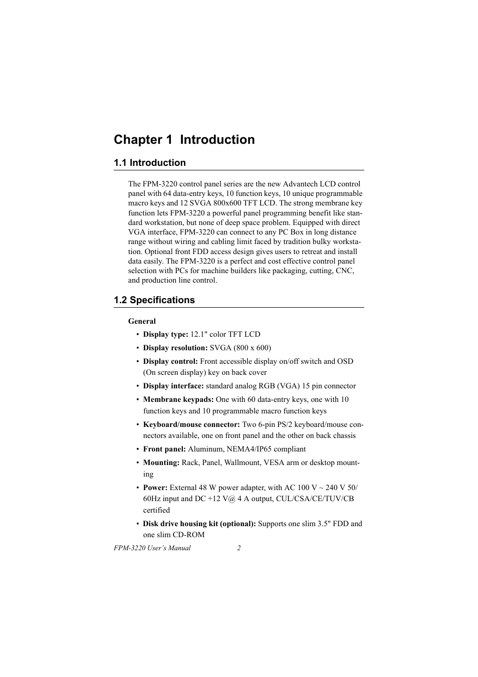 Chapter 1 introduction, 1 introduction, 2 specifications | Introduction, Specifications | Advantech FPM-3220 User Manual | Page 10 / 40
