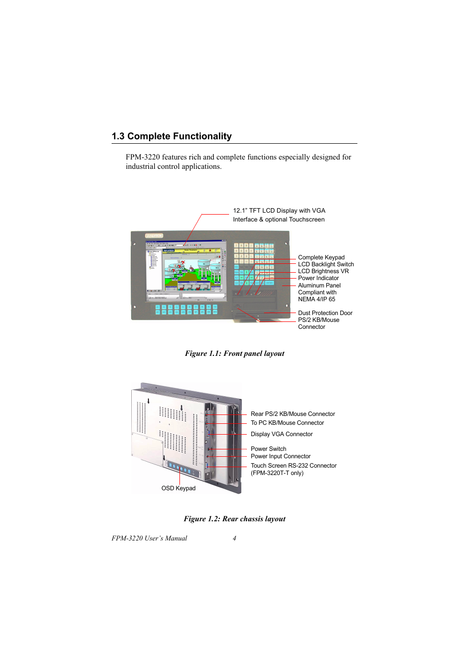 3 complete functionality, Figure 1.1: front panel layout, Figure 1.2: rear chassis layout | Complete functionality | Advantech FPM-3220 User Manual | Page 12 / 40