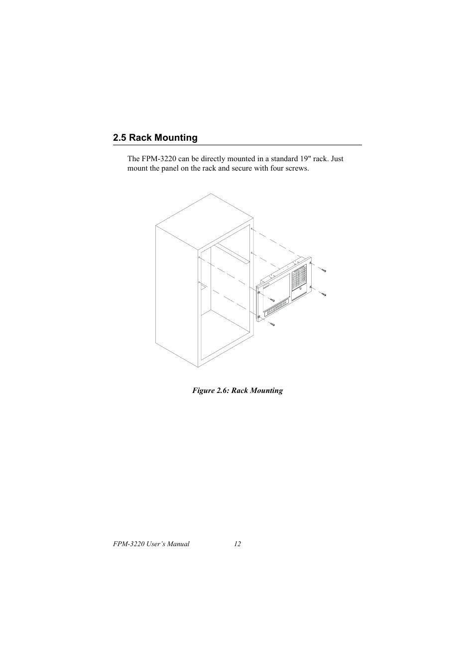 5 rack mounting, Figure 2.6: rack mounting, Rack mounting | Advantech FPM-3220 User Manual | Page 20 / 40