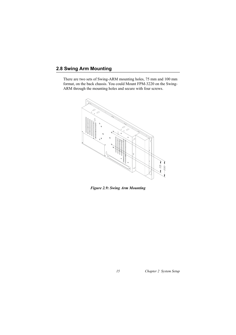 8 swing arm mounting, Figure 2.9: swing arm mounting, Swing arm mounting | Advantech FPM-3220 User Manual | Page 23 / 40