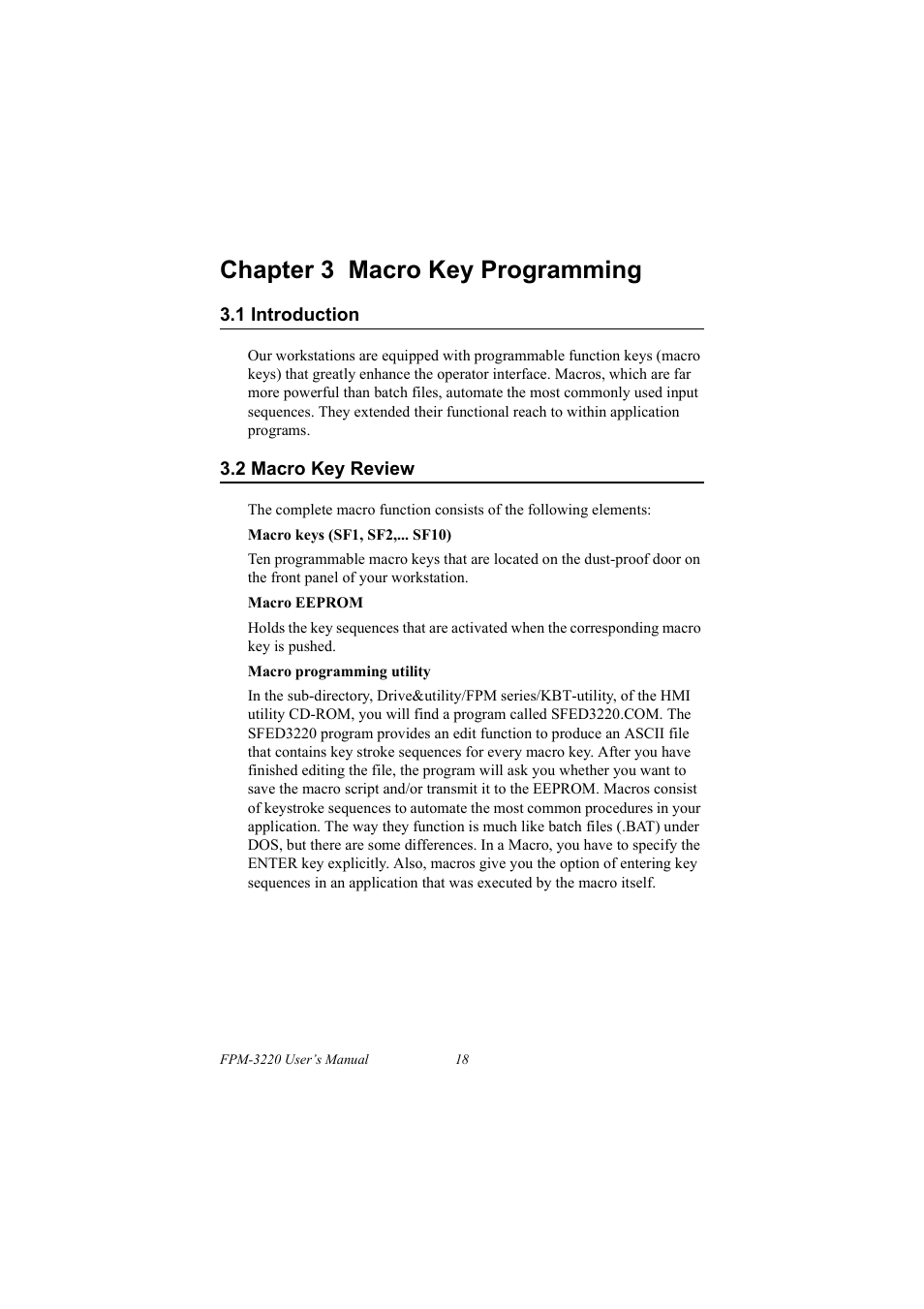 Chapter 3 macro key programming, 1 introduction, 2 macro key review | Introduction, Macro key review | Advantech FPM-3220 User Manual | Page 26 / 40