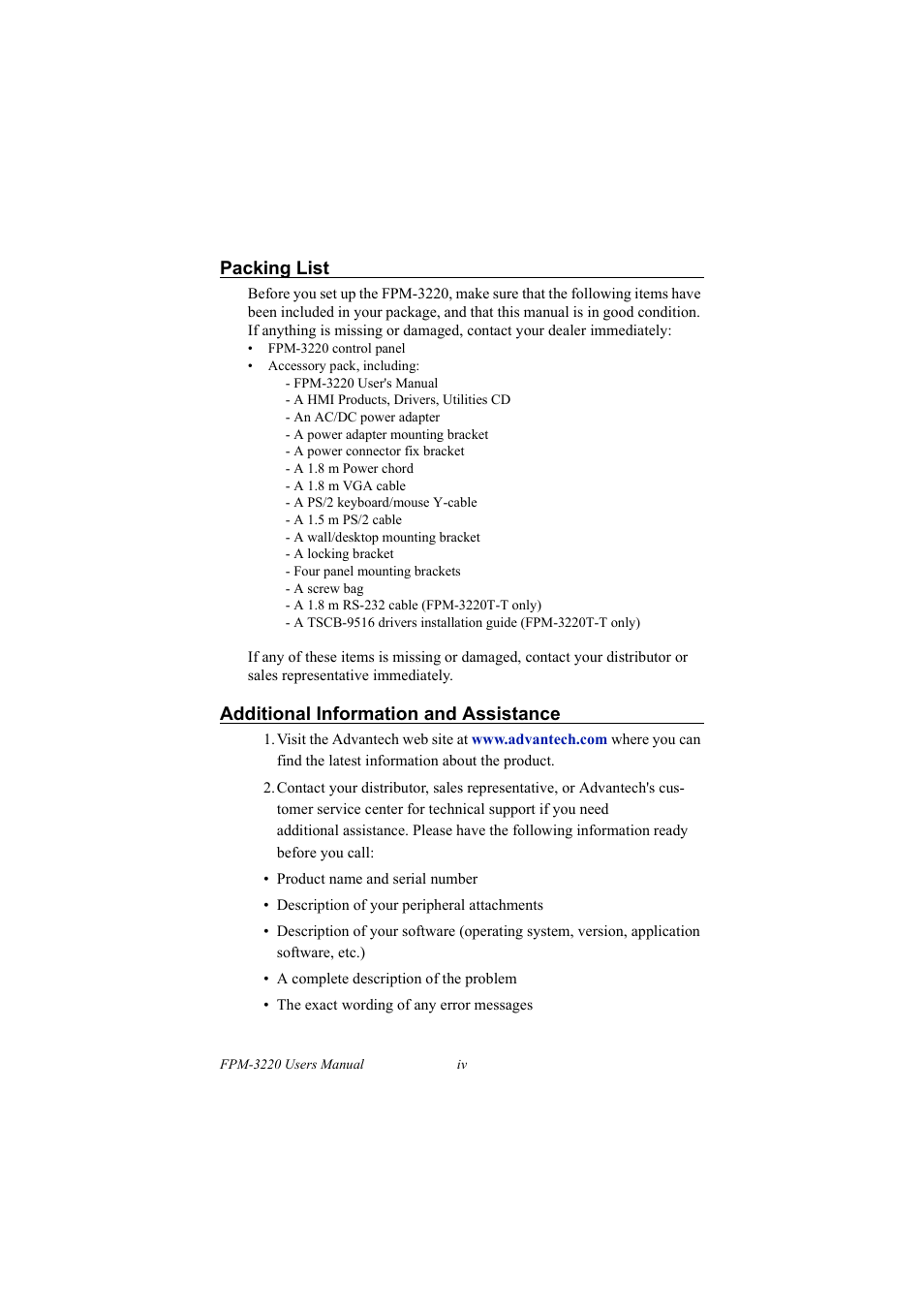 Packing list, Additional information and assistance | Advantech FPM-3220 User Manual | Page 4 / 40