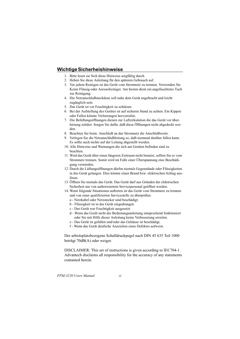 Wichtige sicherheishinweise | Advantech FPM-3220 User Manual | Page 6 / 40