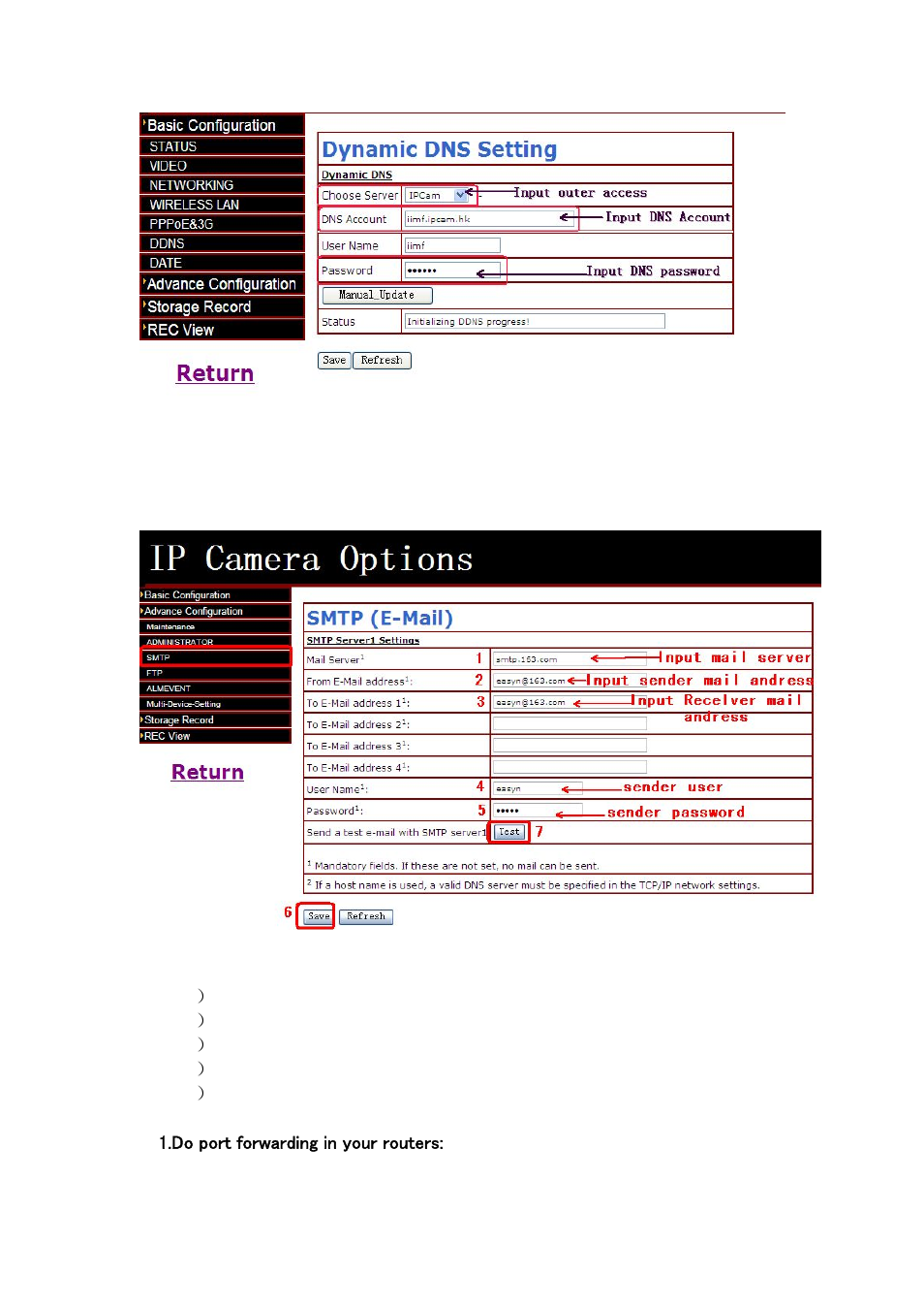 Mail server settings, Port forwarding | EasyN F2 Series Quick Start User Manual | Page 8 / 10