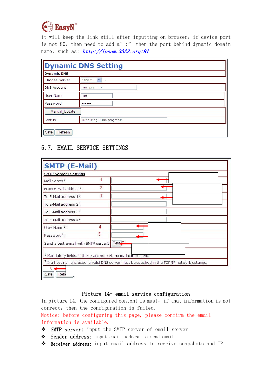 Email service settings | EasyN F2 Series User manual User Manual | Page 17 / 34