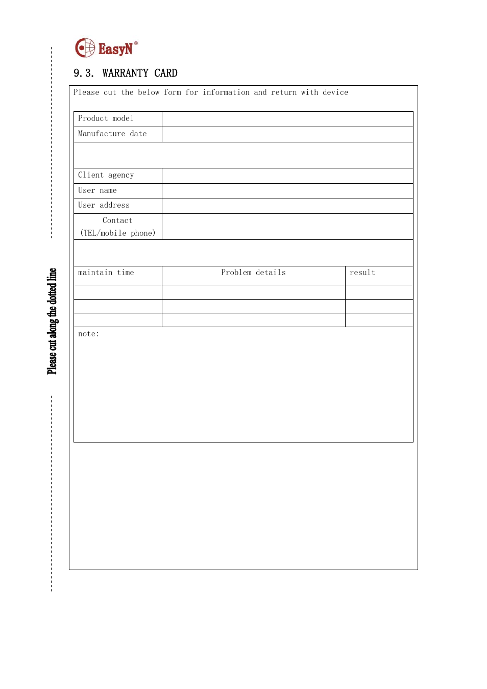 Warranty card | EasyN F2 Series User manual User Manual | Page 34 / 34