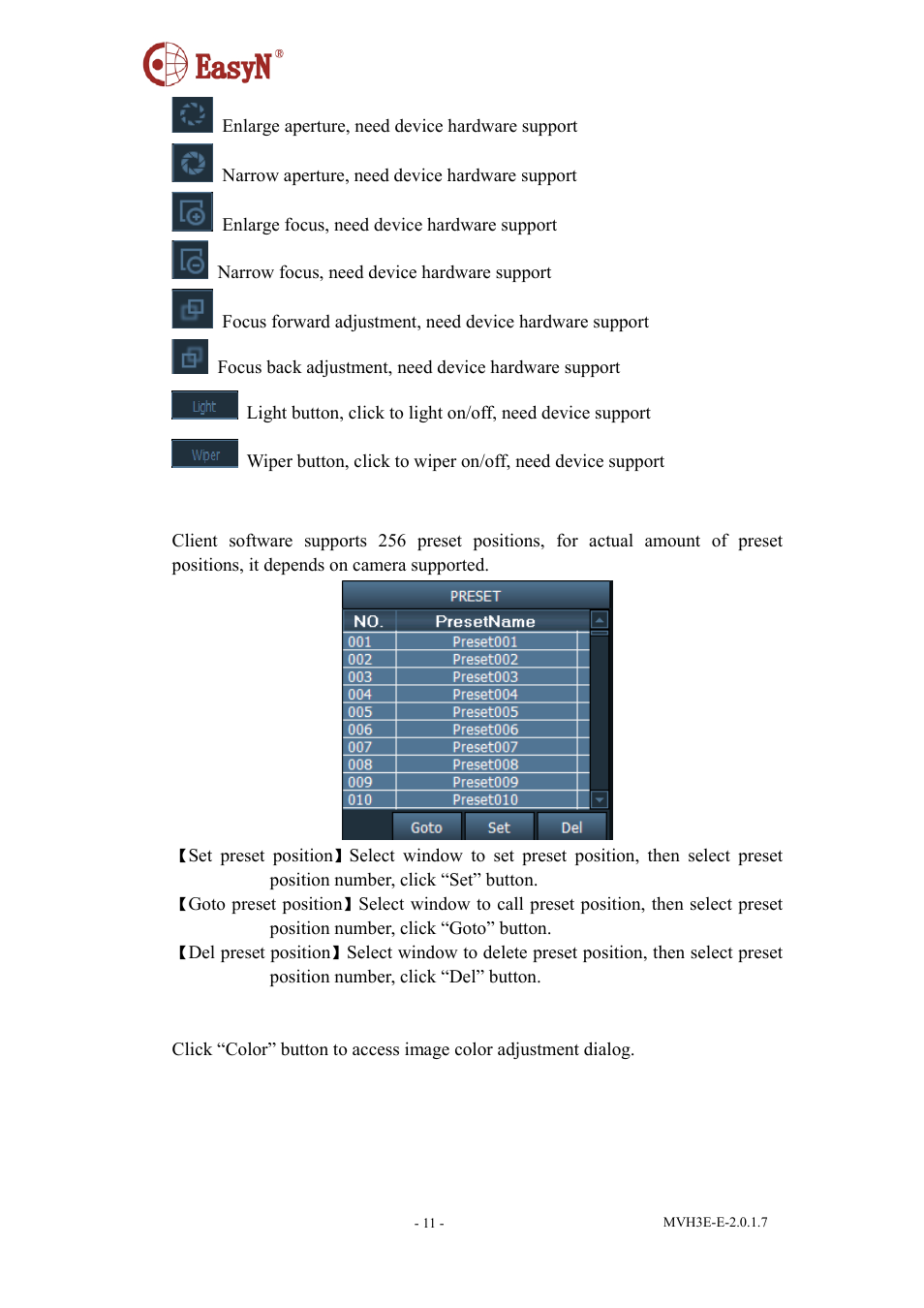 2 preset position configuration, Image color configuration | EasyN H3 Series Central Management System User Manual | Page 12 / 23