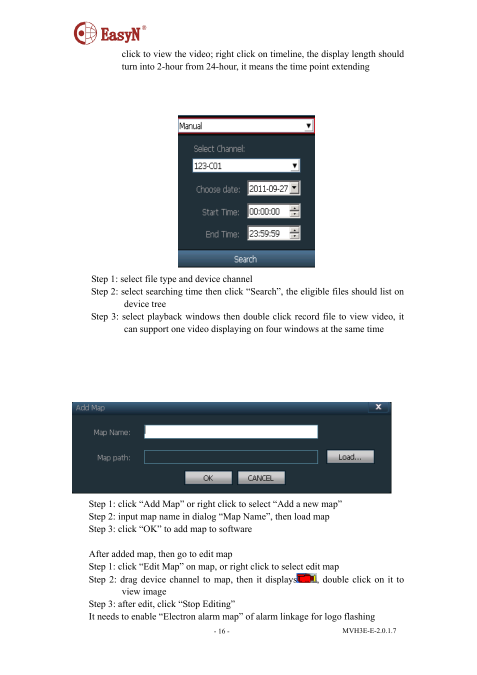 2searching-file playback, 8 electron map, 1 add map | 2 edit map | EasyN H3 Series Central Management System User Manual | Page 17 / 23