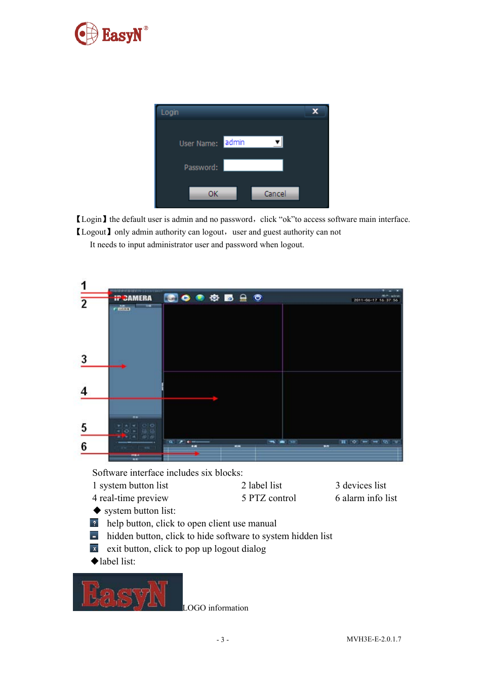 2 detailed instructions, 1 login and logout, 2 software interface | Software interface | EasyN H3 Series Central Management System User Manual | Page 4 / 23