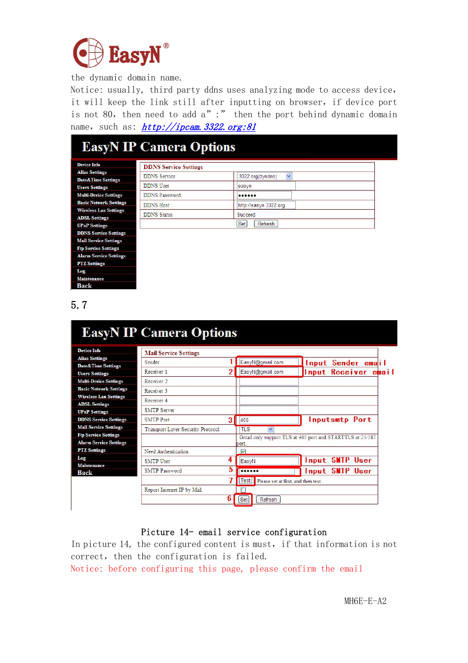 7 email service settings, E mail service settings | EasyN H6 Series User manual User Manual | Page 18 / 22