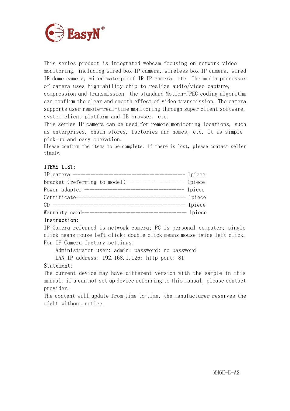 Forword | EasyN H6 Series User manual User Manual | Page 2 / 22