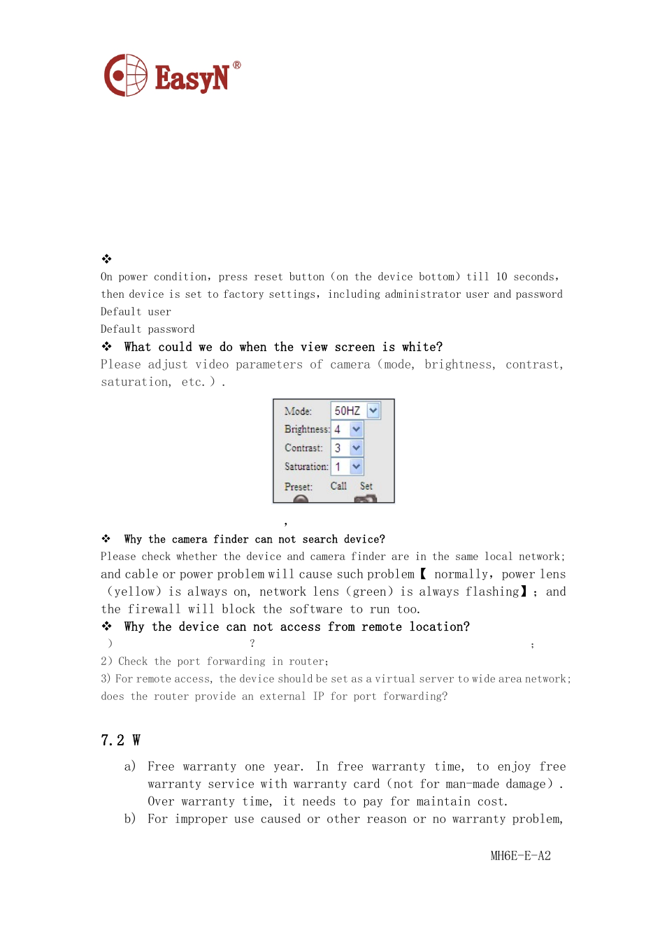 7 appendix, 1 familiar problem, 2 warranty | Appendix, Arranty | EasyN H6 Series User manual User Manual | Page 20 / 22