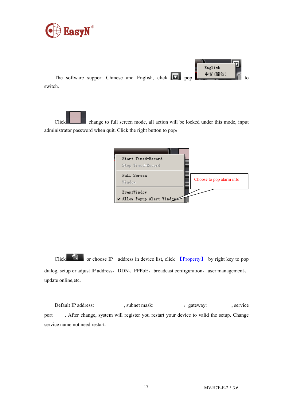 4 language version, 5 full screen, 3 device property | 1 address/port | EasyN H7 CMS User Manual | Page 19 / 33