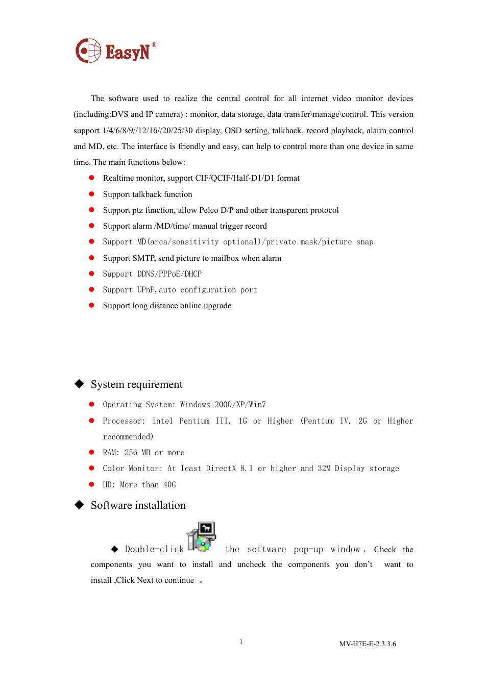 1 brief introduction, 2 installation guide, System requirement | Software installation | EasyN H7 CMS User Manual | Page 3 / 33