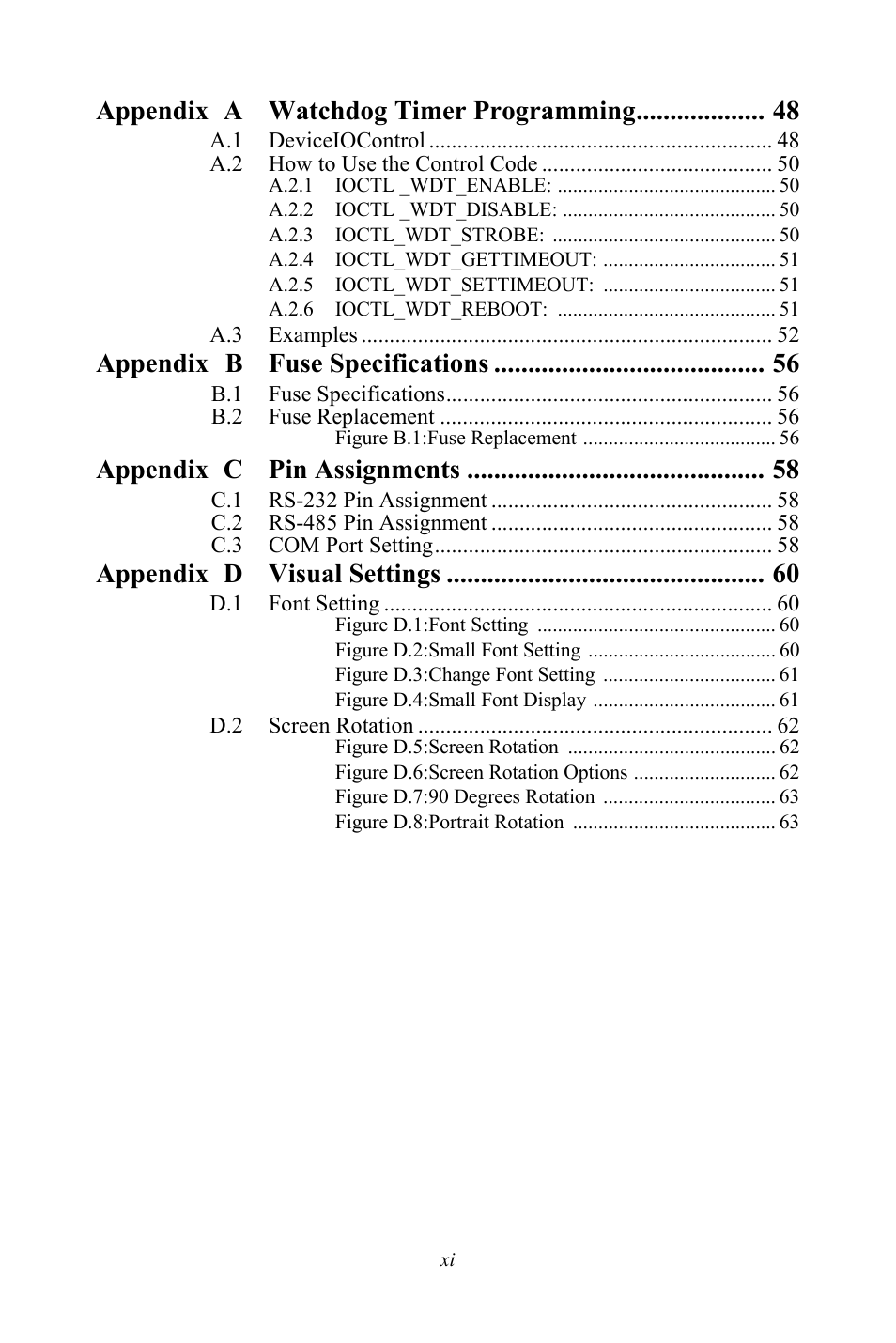 Appendix a watchdog timer programming, Appendix b fuse specifications, Appendix c pin assignments | Appendix d visual settings | Advantech Intel XScale PXA Touch Panel Computer TPC-66 Series User Manual | Page 11 / 76