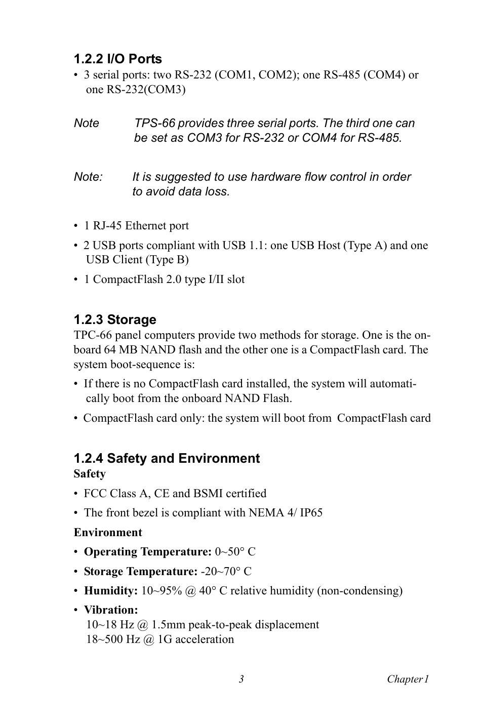 2 i/o ports, 3 storage, 4 safety and environment | I/o ports, Storage, Safety and environment | Advantech Intel XScale PXA Touch Panel Computer TPC-66 Series User Manual | Page 15 / 76