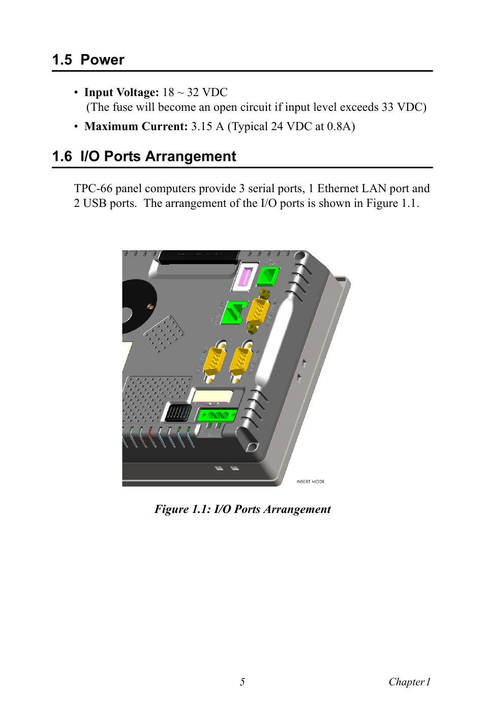 5 power, 6 i/o ports arrangement, Figure 1.1: i/o ports arrangement | I/o ports arrangement, Figure 1.1:i/o ports arrangement | Advantech Intel XScale PXA Touch Panel Computer TPC-66 Series User Manual | Page 17 / 76