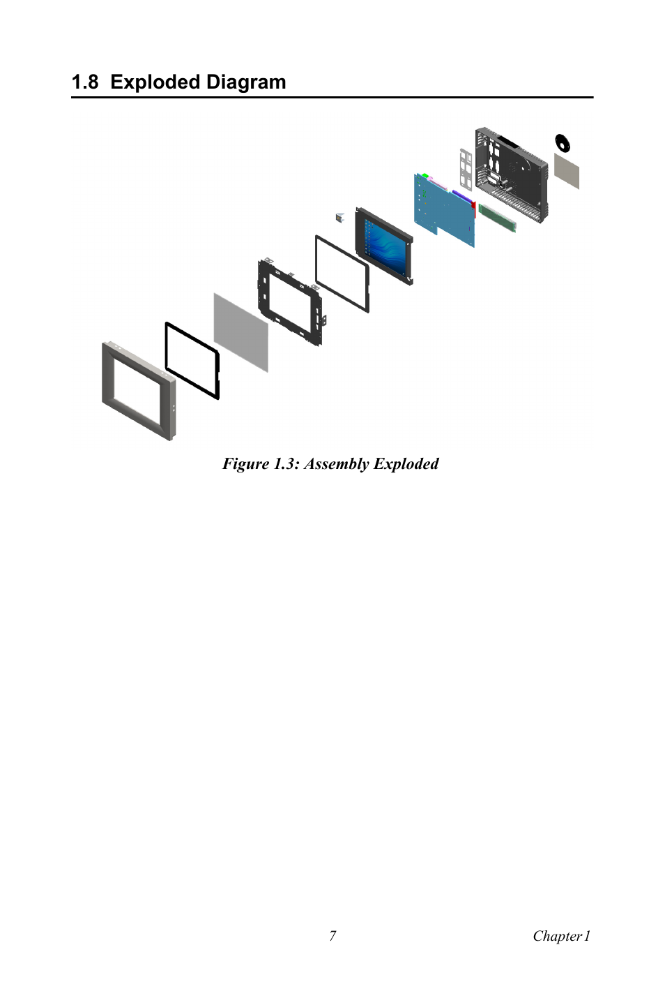 8 exploded diagram, Figure 1.3: assembly exploded, Exploded diagram | Figure 1.3:assembly exploded | Advantech Intel XScale PXA Touch Panel Computer TPC-66 Series User Manual | Page 19 / 76