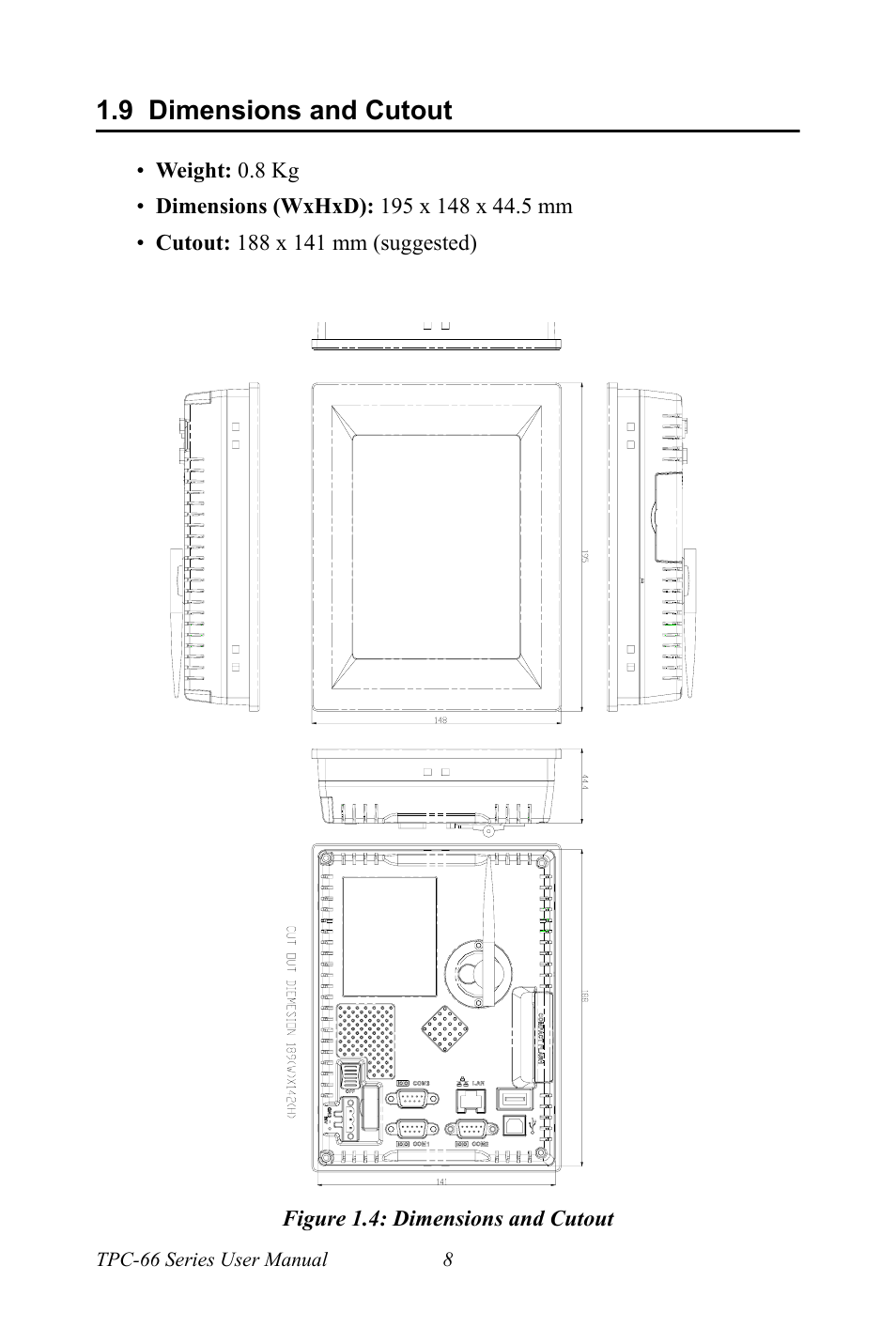 9 dimensions and cutout, Figure 1.4: dimensions and cutout, Dimensions and cutout | Figure 1.4:dimensions and cutout | Advantech Intel XScale PXA Touch Panel Computer TPC-66 Series User Manual | Page 20 / 76