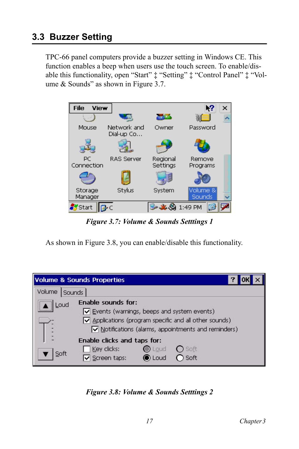 3 buzzer setting, Figure 3.7: volume & sounds setttings 1, Figure 3.8: volume & sounds setttings 2 | Buzzer setting | Advantech Intel XScale PXA Touch Panel Computer TPC-66 Series User Manual | Page 29 / 76