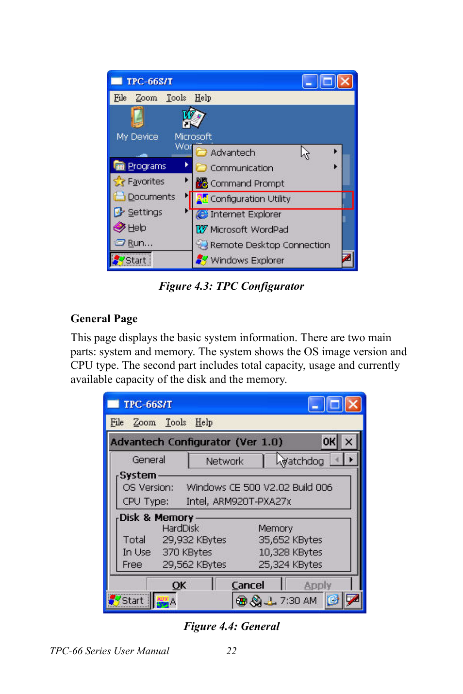 Figure 4.3: tpc configurator, Figure 4.4: general, Figure 4.3:tpc configurator figure 4.4:general | Advantech Intel XScale PXA Touch Panel Computer TPC-66 Series User Manual | Page 34 / 76