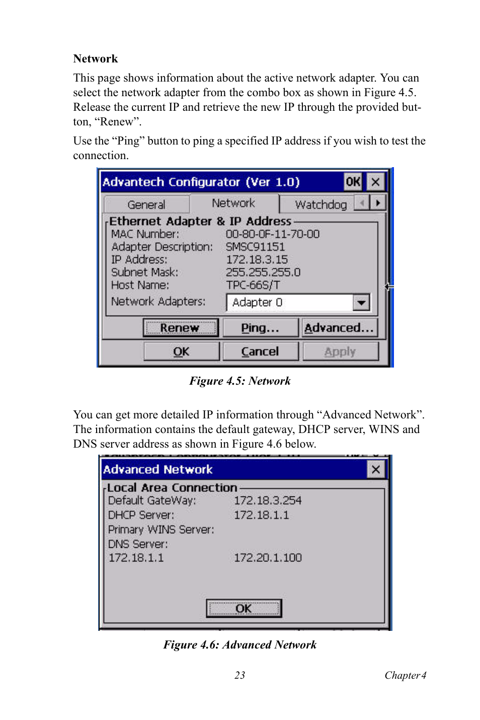 Figure 4.5: network, Figure 4.6: advanced network, Figure 4.5:network figure 4.6:advanced network | Advantech Intel XScale PXA Touch Panel Computer TPC-66 Series User Manual | Page 35 / 76