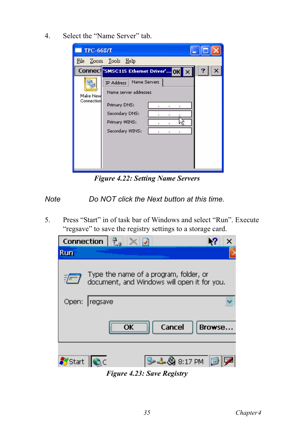 Figure 4.22: setting name servers, Figure 4.23: save registry | Advantech Intel XScale PXA Touch Panel Computer TPC-66 Series User Manual | Page 47 / 76