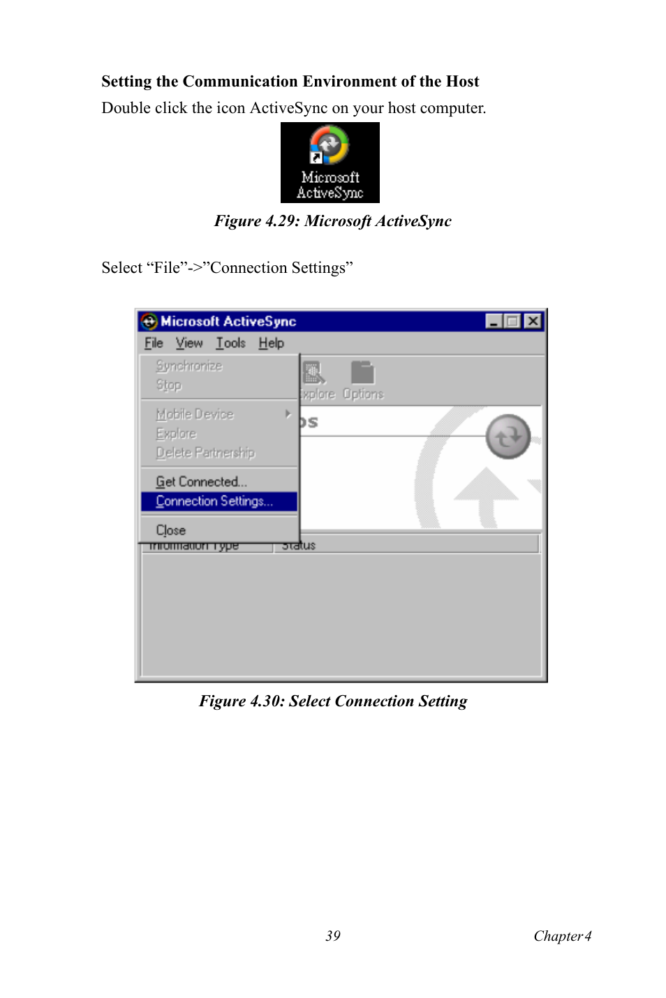 Figure 4.29: microsoft activesync, Figure 4.30: select connection setting | Advantech Intel XScale PXA Touch Panel Computer TPC-66 Series User Manual | Page 51 / 76