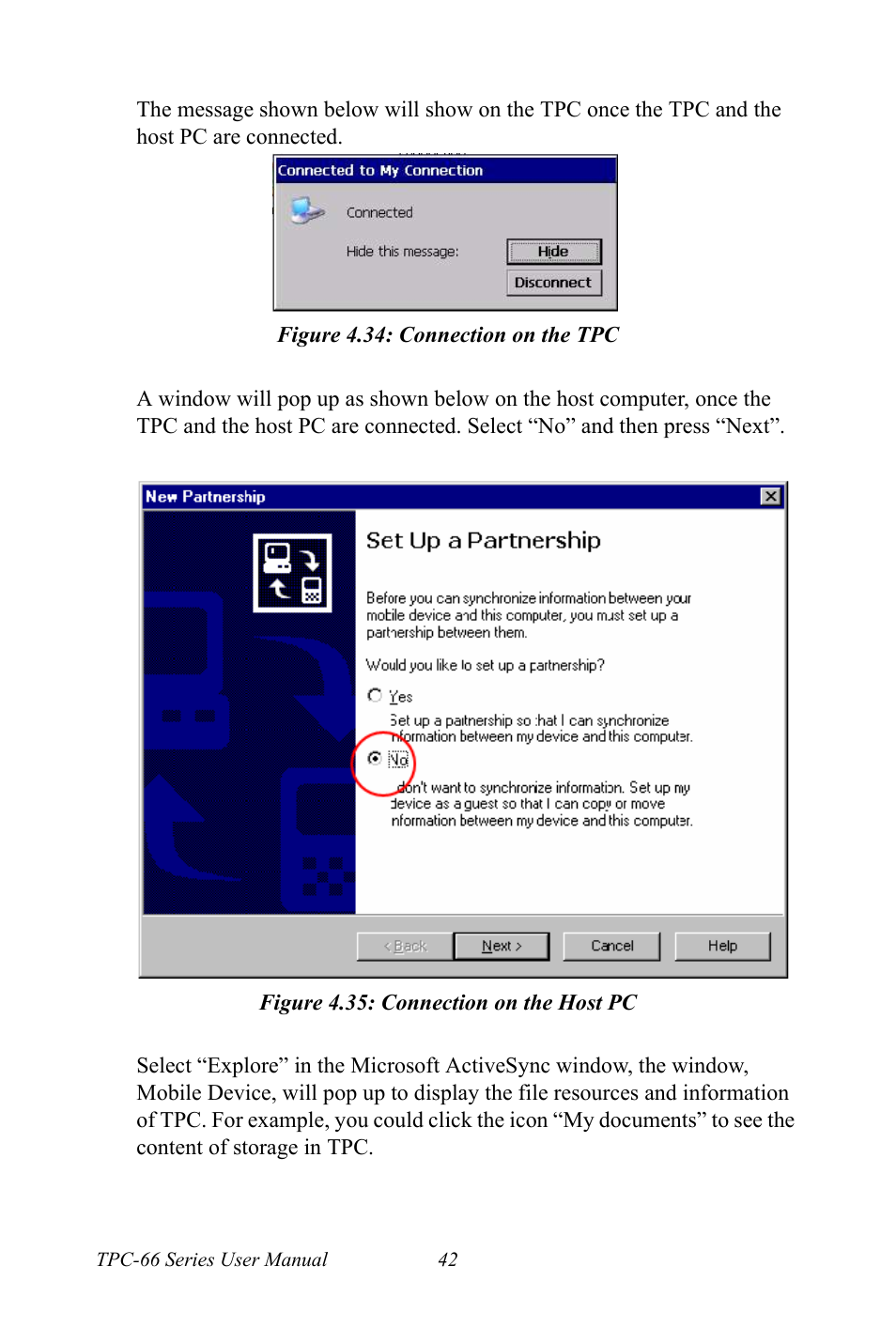 Figure 4.34: connection on the tpc, Figure 4.35: connection on the host pc | Advantech Intel XScale PXA Touch Panel Computer TPC-66 Series User Manual | Page 54 / 76