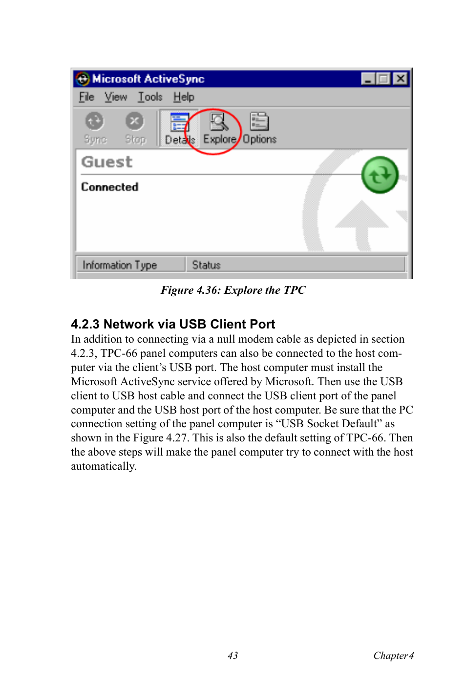 Figure 4.36: explore the tpc, 3 network via usb client port, Figure 4.36:explore the tpc | Network via usb client port | Advantech Intel XScale PXA Touch Panel Computer TPC-66 Series User Manual | Page 55 / 76
