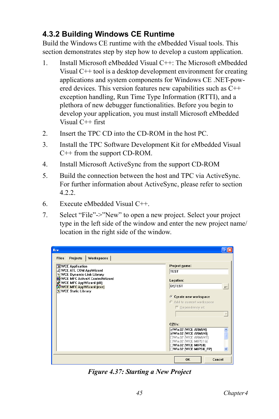 2 building windows ce runtime, Figure 4.37: starting a new project | Advantech Intel XScale PXA Touch Panel Computer TPC-66 Series User Manual | Page 57 / 76