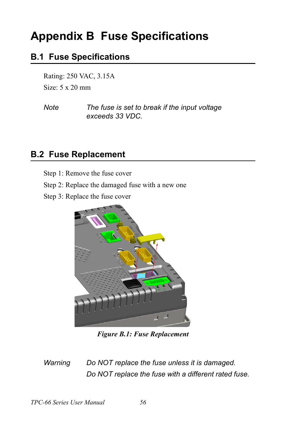 Appendix b fuse specifications, B.1 fuse specifications, B.2 fuse replacement | Figure b.1: fuse replacement, Fuse specifications, Fuse replacement, Figure b.1:fuse replacement | Advantech Intel XScale PXA Touch Panel Computer TPC-66 Series User Manual | Page 68 / 76