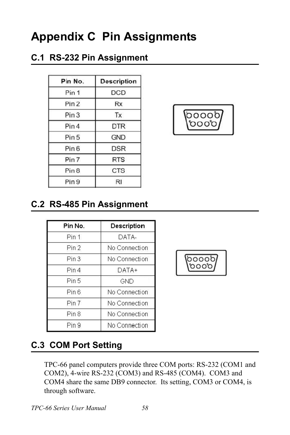 Appendix c pin assignments, C.1 rs-232 pin assignment, C.2 rs-485 pin assignment | C.3 com port setting, Rs-232 pin assignment, Rs-485 pin assignment, Com port setting | Advantech Intel XScale PXA Touch Panel Computer TPC-66 Series User Manual | Page 70 / 76