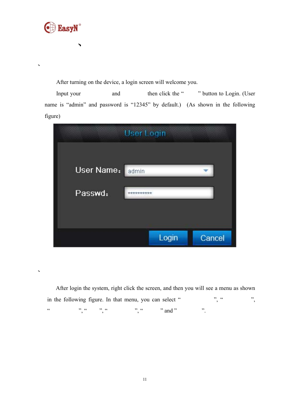 6 、 login and menu description | EasyN NR-1-B Series User Manual | Page 11 / 39