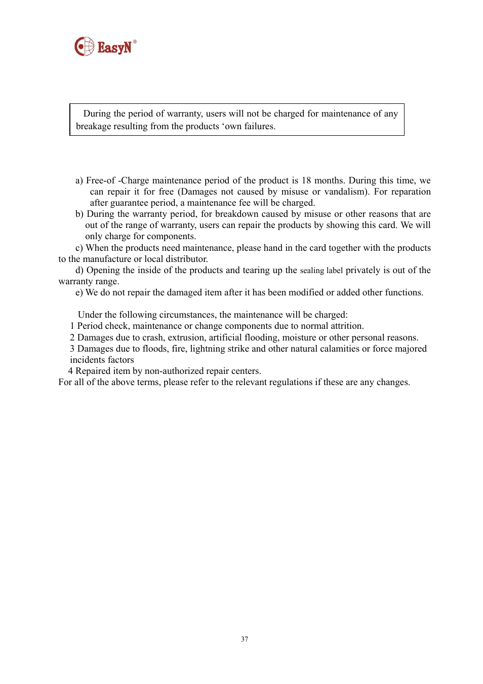 Warranty | EasyN NR-1-B Series User Manual | Page 37 / 39