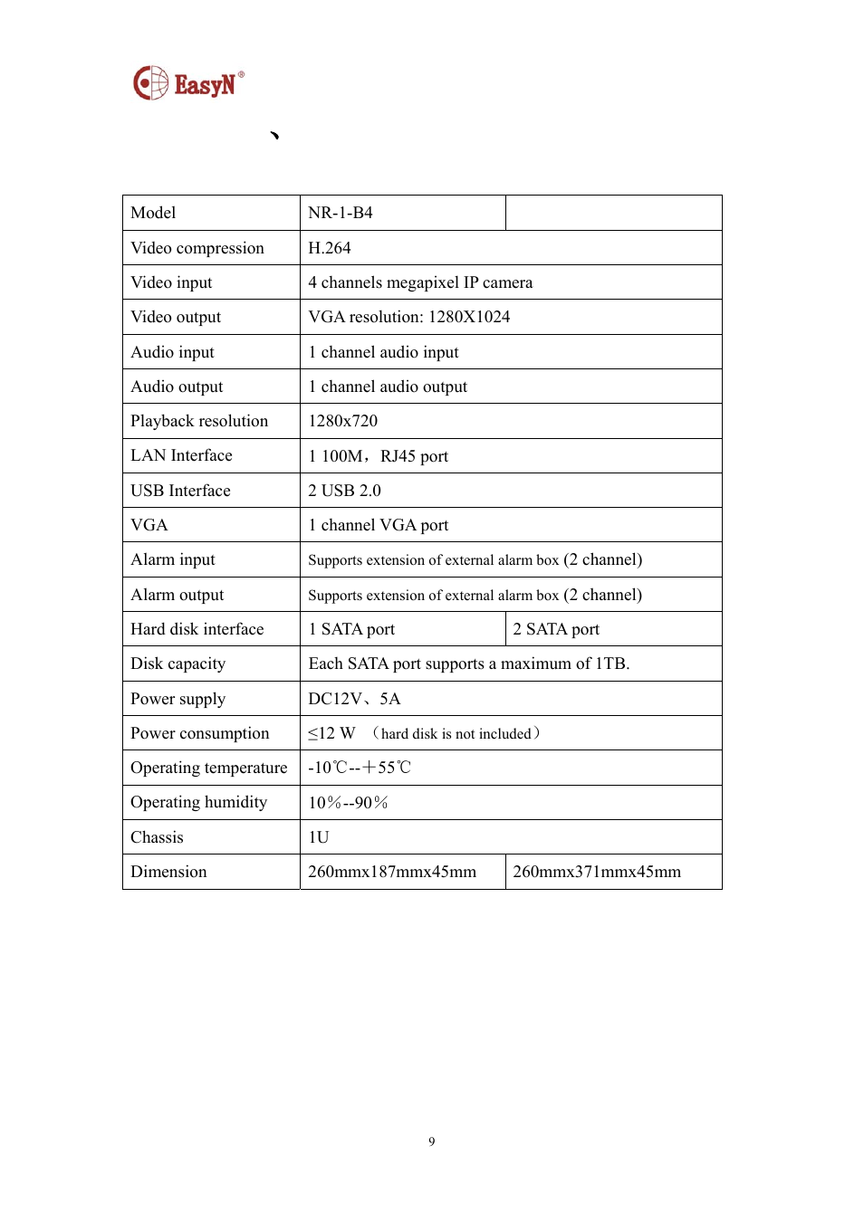 4 、 technical specification | EasyN NR-1-B Series User Manual | Page 9 / 39