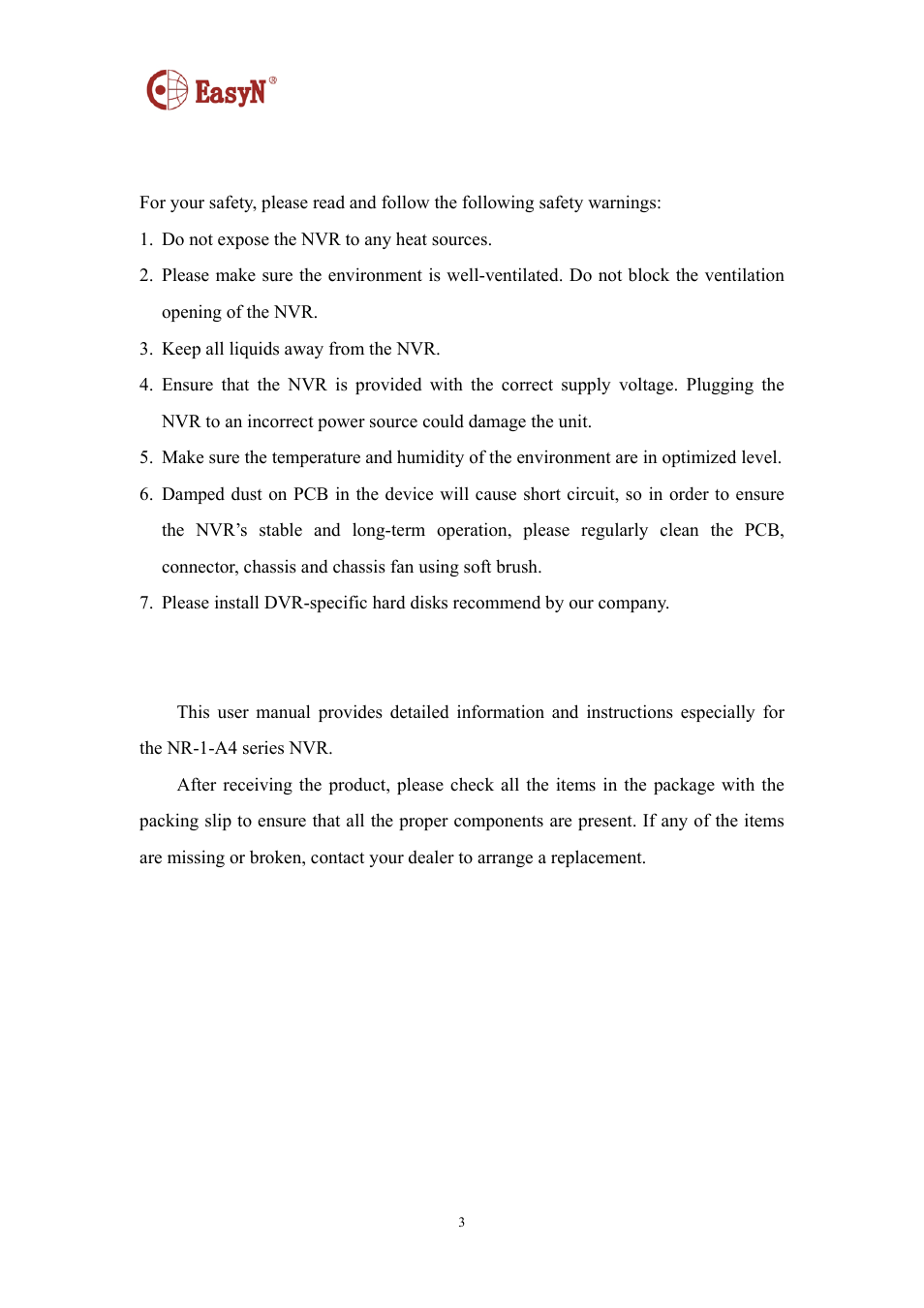 Safety warnings | EasyN NR-1-A4 Series User Manual | Page 3 / 40